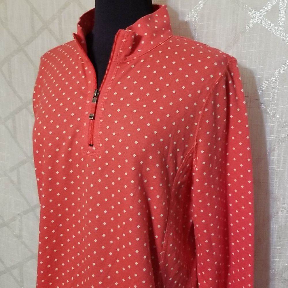 Talbots Top Womens Size Large Pink Polka Dot Quarter Zip Pullover - Picture 2 of 8